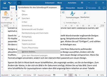 3. Ergänzen Sie die Schnellzugriffsleiste mit eigenen Befehlen.